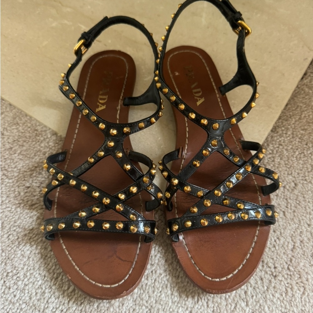 Prada Black and Gold Studded Sandals